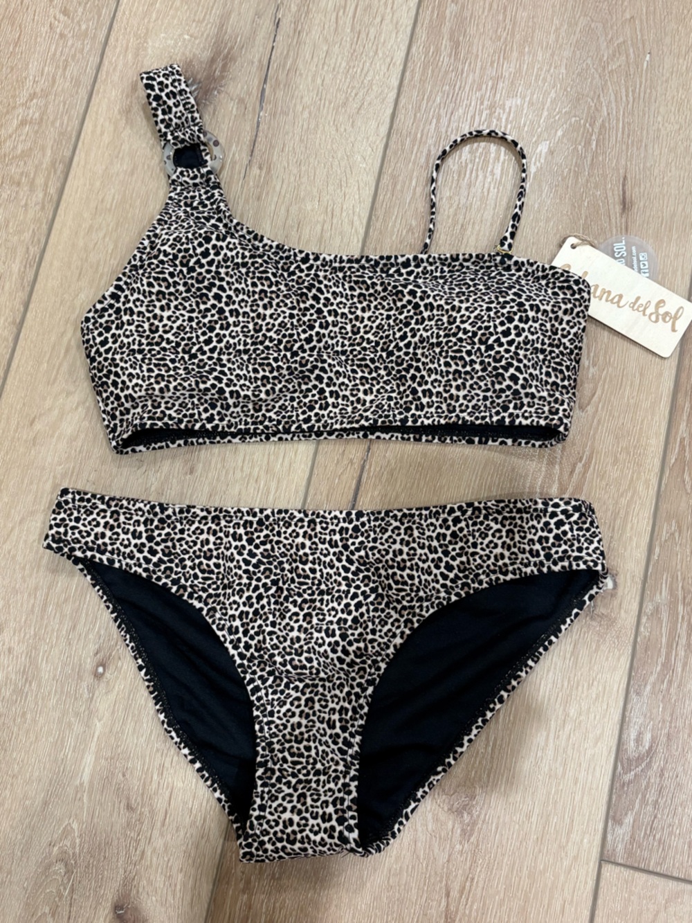 Asymmetrical Leopard Print Bikini Set - Cabana Del Sol - Black/Beige